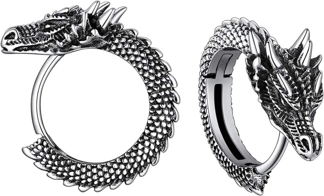 FaithHeart Viking Animals Huggie Hoop Earrings for Men, Gothic Dragon/Snake/Dinosaur/Wolf Earrings Stainless Steel Hypoallergenic Lightweight Stud Earrings Mens Punk Rock Jewelry Gift