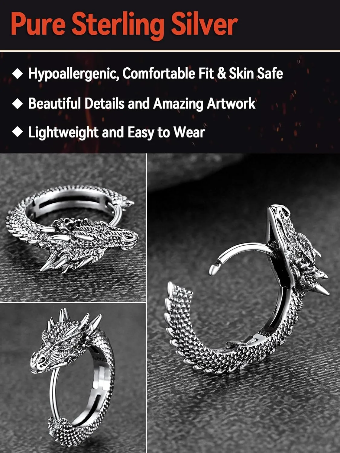 FaithHeart Viking Animals Huggie Hoop Earrings for Men, Gothic Dragon/Snake/Dinosaur/Wolf Earrings Stainless Steel Hypoallergenic Lightweight Stud Earrings Mens Punk Rock Jewelry Gift
