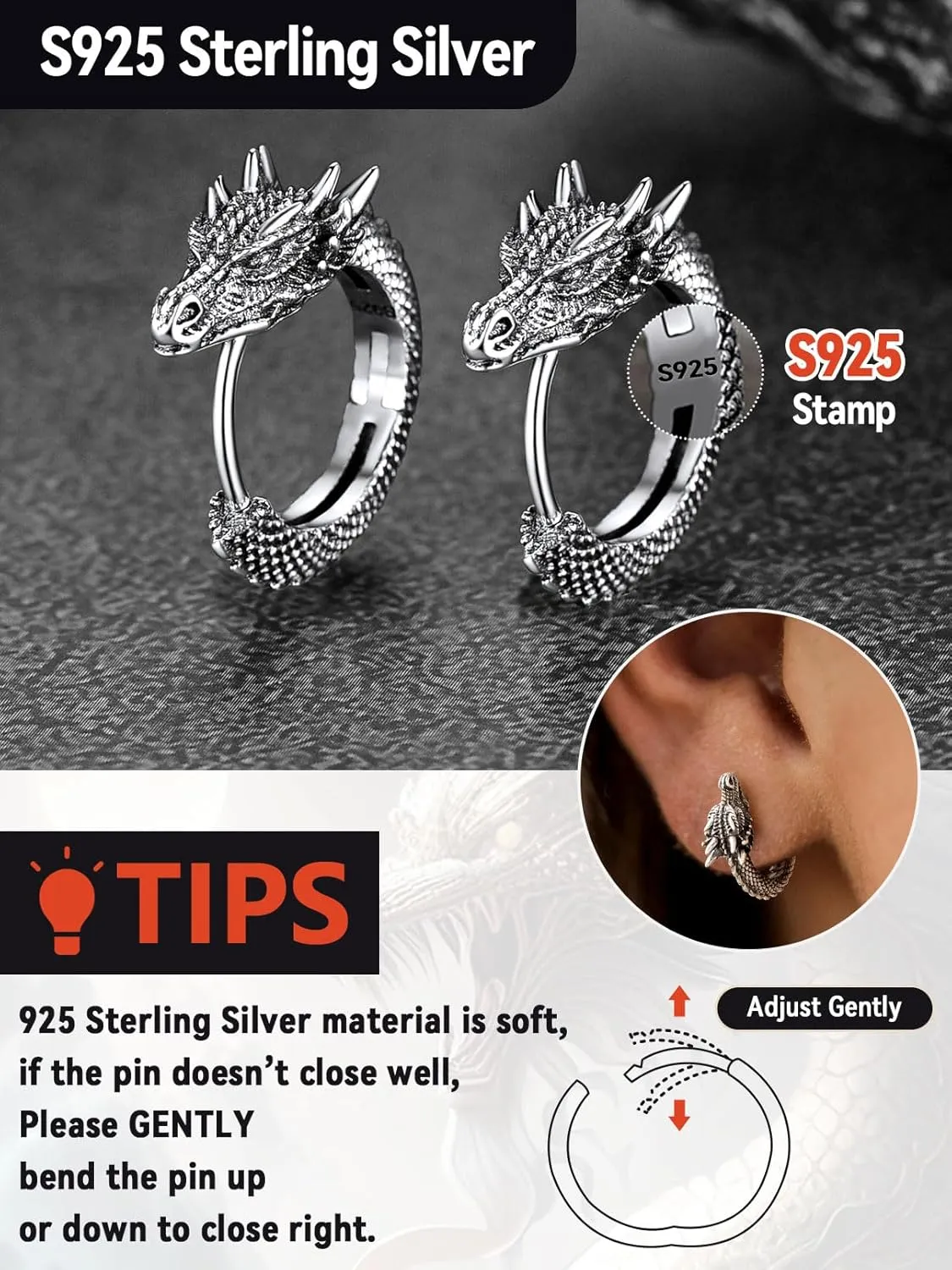 FaithHeart Viking Animals Huggie Hoop Earrings for Men, Gothic Dragon/Snake/Dinosaur/Wolf Earrings Stainless Steel Hypoallergenic Lightweight Stud Earrings Mens Punk Rock Jewelry Gift