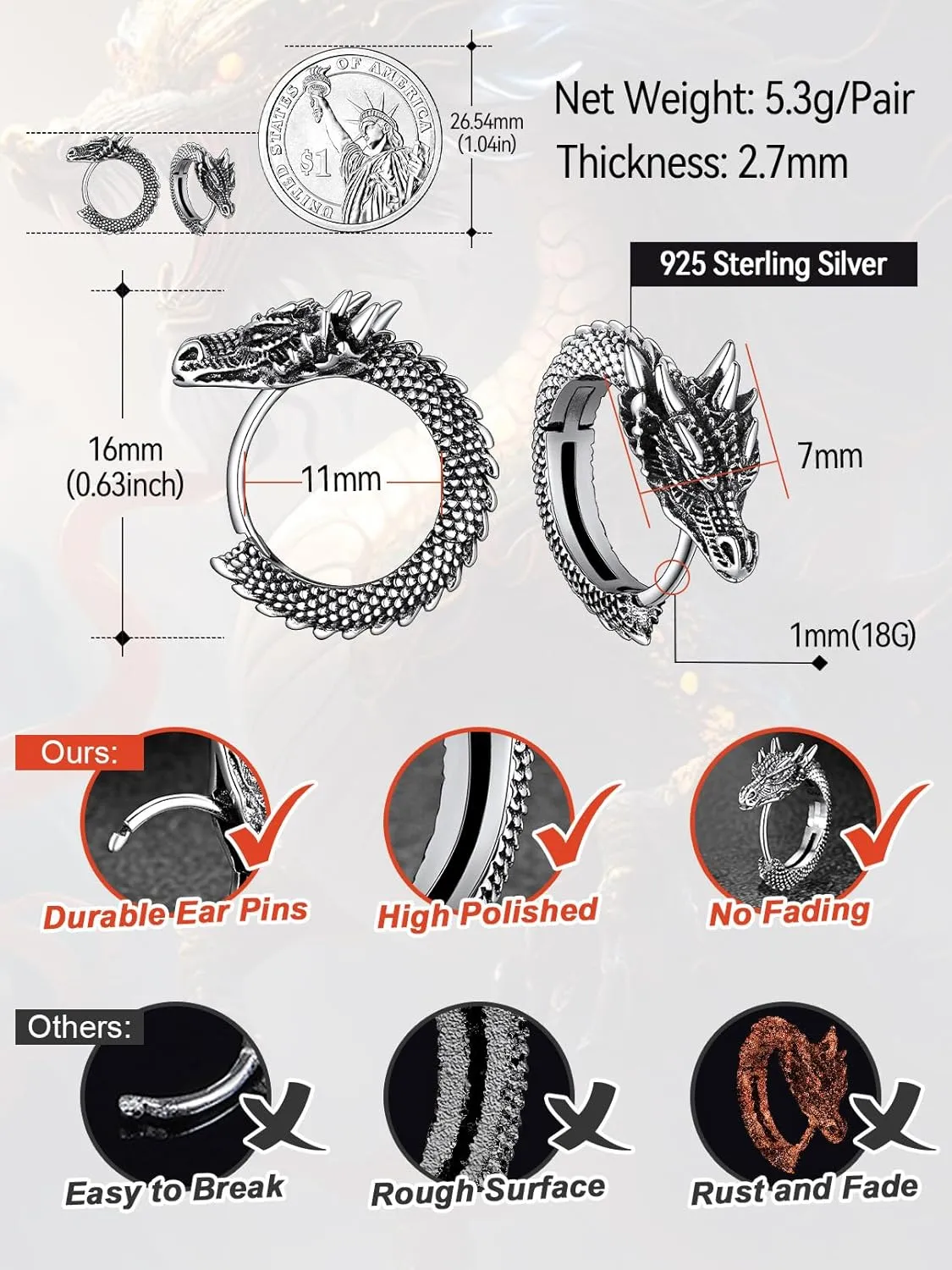 FaithHeart Viking Animals Huggie Hoop Earrings for Men, Gothic Dragon/Snake/Dinosaur/Wolf Earrings Stainless Steel Hypoallergenic Lightweight Stud Earrings Mens Punk Rock Jewelry Gift
