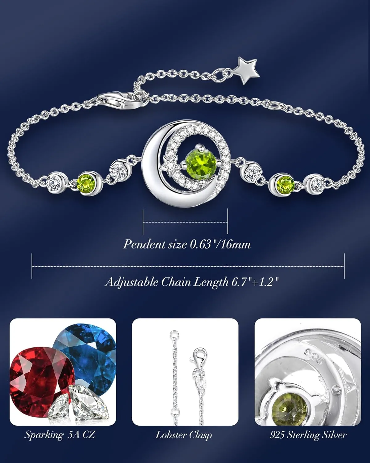FANCIME Birthstone Bracelets 925 Sterling Silver Moon and Star Bangle Charm Bracelet Fine Jewelry Birthday Anniversary Christmas Day Gift for Her Women, Adjustable Chain 6.7" 1.2" Extend