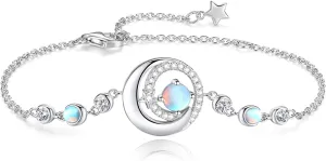 FANCIME Birthstone Bracelets 925 Sterling Silver Moon and Star Bangle Charm Bracelet Fine Jewelry Birthday Anniversary Christmas Day Gift for Her Women, Adjustable Chain 6.7" 1.2" Extend