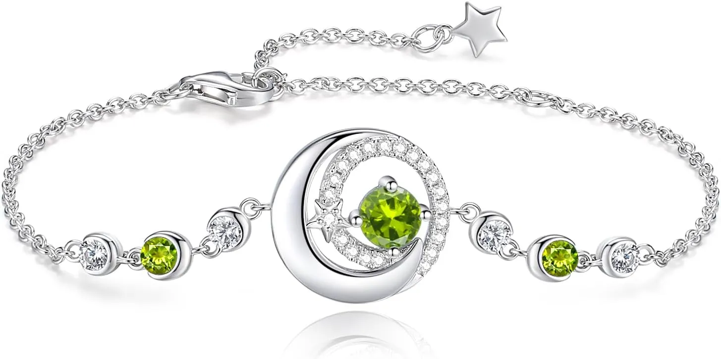 FANCIME Birthstone Bracelets 925 Sterling Silver Moon and Star Bangle Charm Bracelet Fine Jewelry Birthday Anniversary Christmas Day Gift for Her Women, Adjustable Chain 6.7" 1.2" Extend