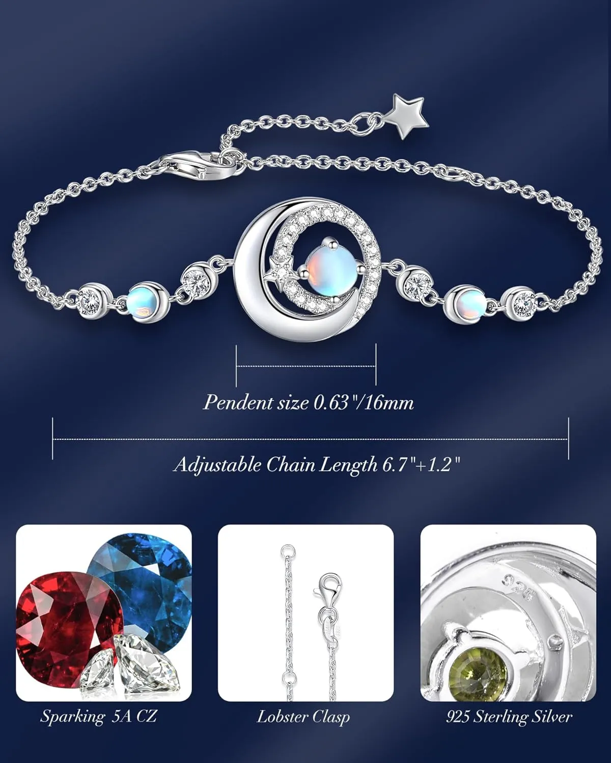 FANCIME Birthstone Bracelets 925 Sterling Silver Moon and Star Bangle Charm Bracelet Fine Jewelry Birthday Anniversary Christmas Day Gift for Her Women, Adjustable Chain 6.7" 1.2" Extend