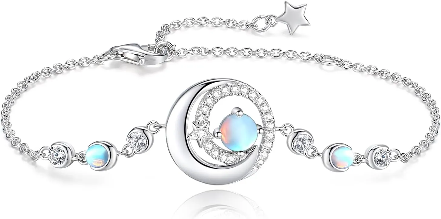 FANCIME Birthstone Bracelets 925 Sterling Silver Moon and Star Bangle Charm Bracelet Fine Jewelry Birthday Anniversary Christmas Day Gift for Her Women, Adjustable Chain 6.7" 1.2" Extend