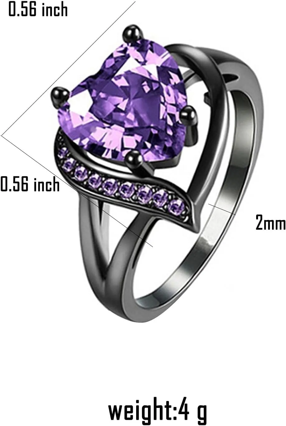 Fashion Red Purple Heart Cubic Zirconia Promise Rings Crystal Love Heart Wedding Cocktail Statement Eternity Ring Luxury Jewelry for Women Black Gold Plated
