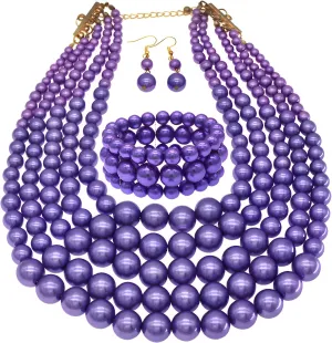 Faux Big Pearl Srand Necklaces for Women 5 Layers Pearl Bib Collar Necklace Bracelet and Earrings set 1920s Costume Pearl Jewelry Bridal Wedding gift