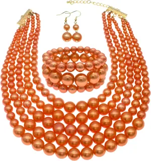 Faux Big Pearl Strand Necklaces for Women - 5 Layers Bib Collar Necklace, Bracelet and Earrings Set - 1920s Costume Jewelry for Bridal Wedding Gift
