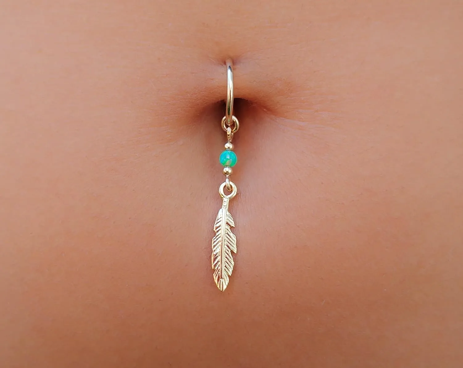 Feather Belly Ring Boho Navel Hoop Handmade Opal Piercing Jewelry