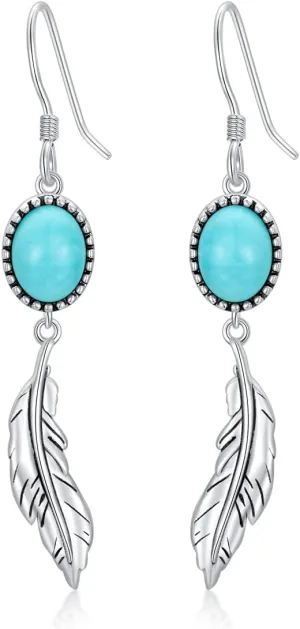 Feather Earrings Genuine Turquoise/Lapis Lazuli/Red Agate/Malachite Dangle Hook Earrings Sterling Silver Native American Jewelry for Women Valentine Gift