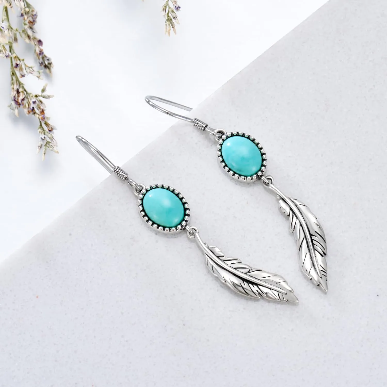Feather Earrings Genuine Turquoise/Lapis Lazuli/Red Agate/Malachite Dangle Hook Earrings Sterling Silver Native American Jewelry for Women Valentine Gift