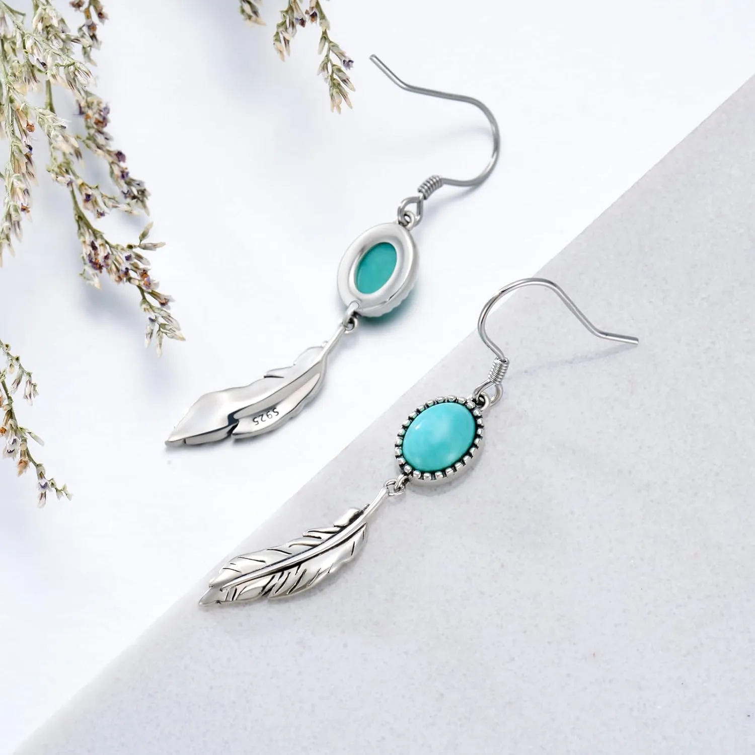 Feather Earrings Genuine Turquoise/Lapis Lazuli/Red Agate/Malachite Dangle Hook Earrings Sterling Silver Native American Jewelry for Women Valentine Gift
