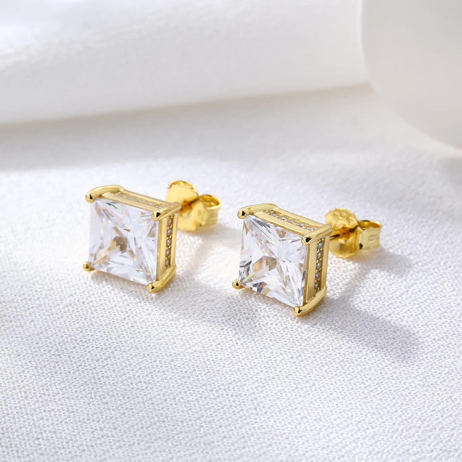FEEL STYLE 18K White Gold Plated 925 Sterling Silver Princess Cut Cubic Zirconia Stud Earrings for Women Men - 6/8MM Square CZ Stud Earring Jewelry Gift Hypoallergenic