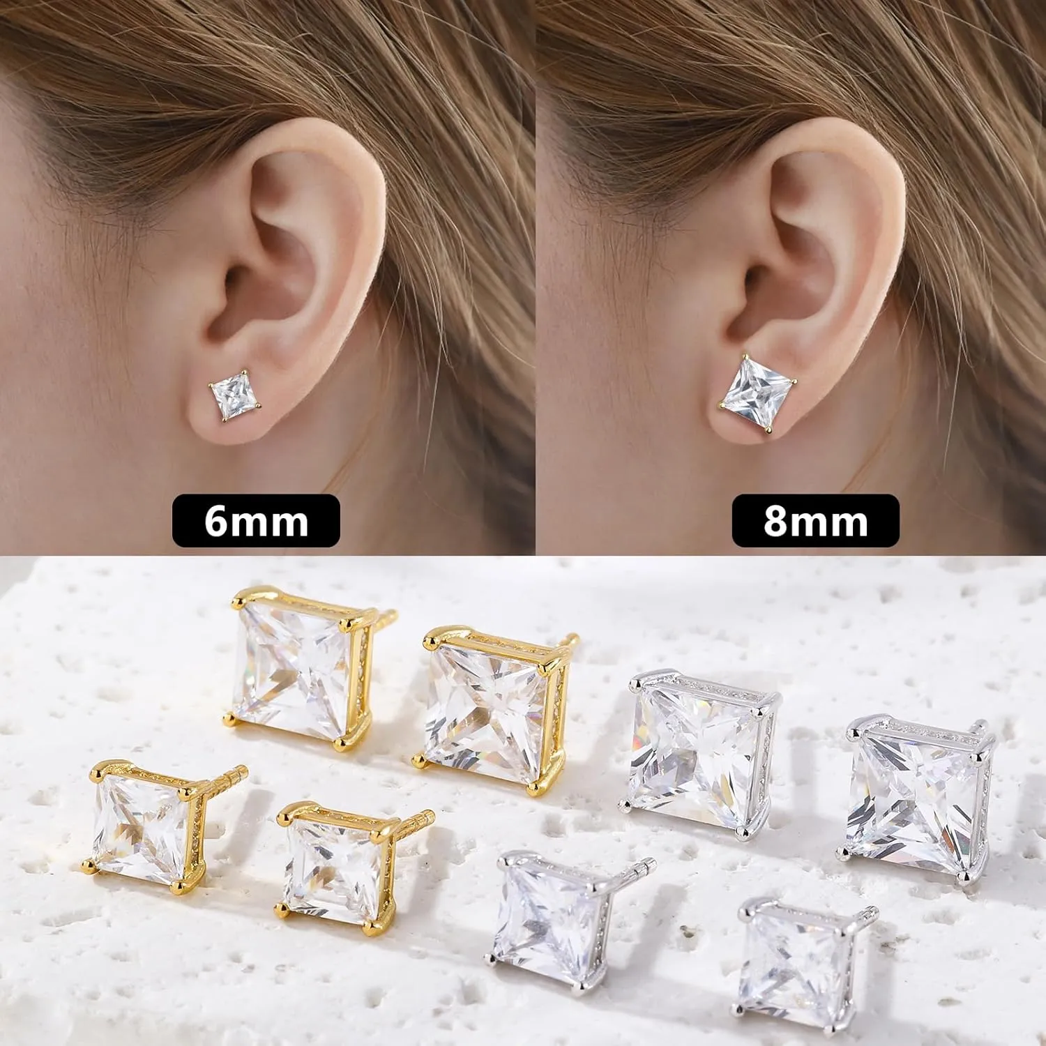 FEEL STYLE 18K White Gold Plated 925 Sterling Silver Princess Cut Cubic Zirconia Stud Earrings for Women Men - 6/8MM Square CZ Stud Earring Jewelry Gift Hypoallergenic