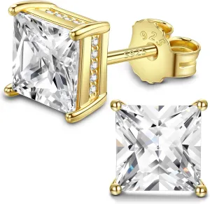 FEEL STYLE 18K White Gold Plated 925 Sterling Silver Princess Cut Cubic Zirconia Stud Earrings for Women Men - 6/8MM Square CZ Stud Earring Jewelry Gift Hypoallergenic