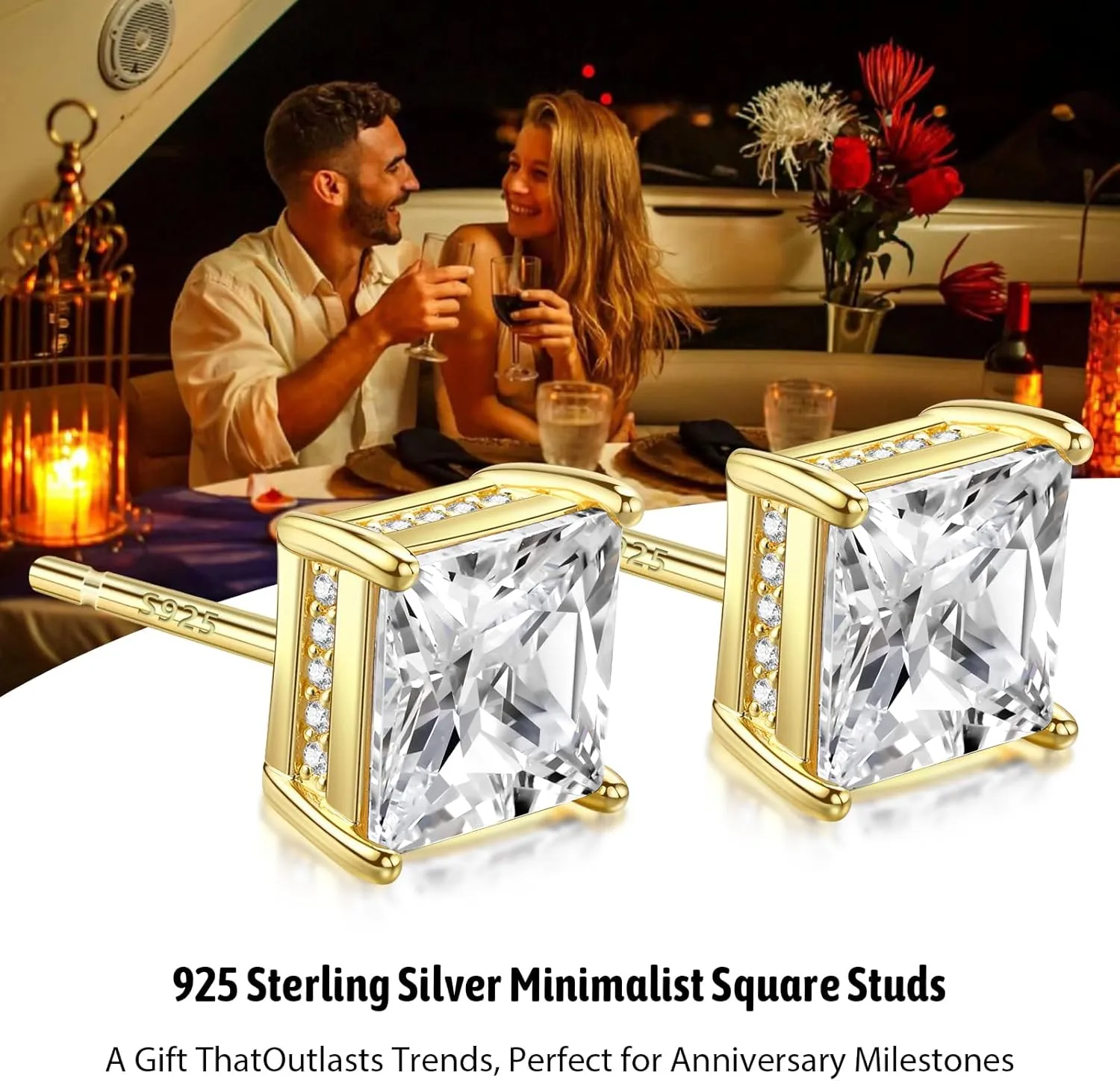 FEEL STYLE 18K White Gold Plated 925 Sterling Silver Princess Cut Cubic Zirconia Stud Earrings for Women Men - 6/8MM Square CZ Stud Earring Jewelry Gift Hypoallergenic