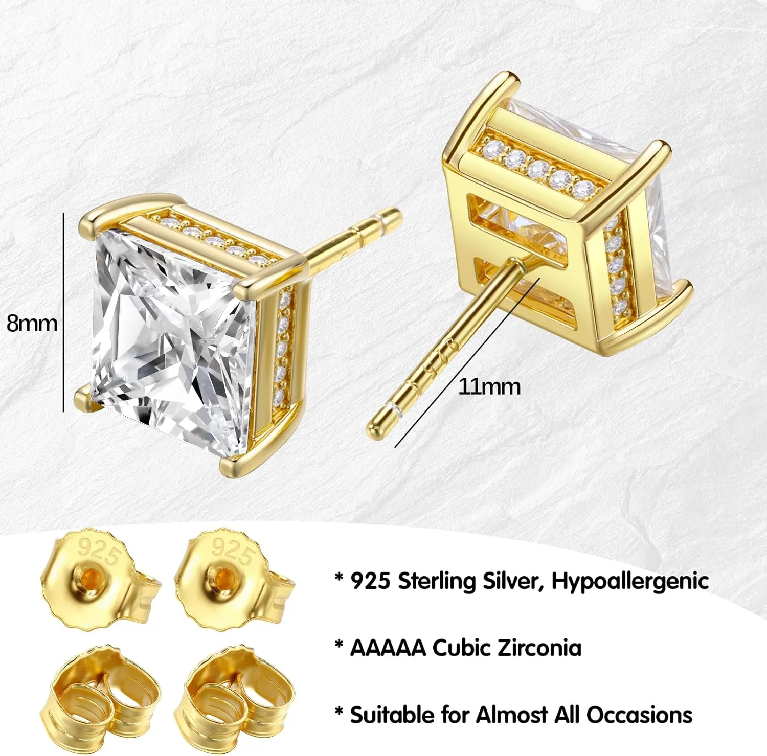FEEL STYLE 18K White Gold Plated 925 Sterling Silver Princess Cut Cubic Zirconia Stud Earrings for Women Men - 6/8MM Square CZ Stud Earring Jewelry Gift Hypoallergenic