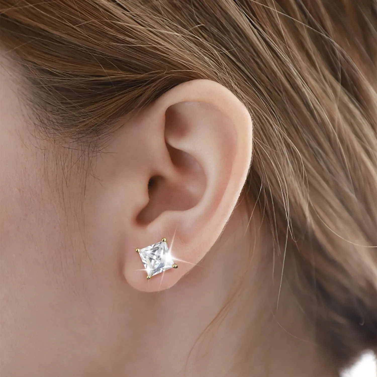 FEEL STYLE 18K White Gold Plated 925 Sterling Silver Princess Cut Cubic Zirconia Stud Earrings for Women Men - 6/8MM Square CZ Stud Earring Jewelry Gift Hypoallergenic