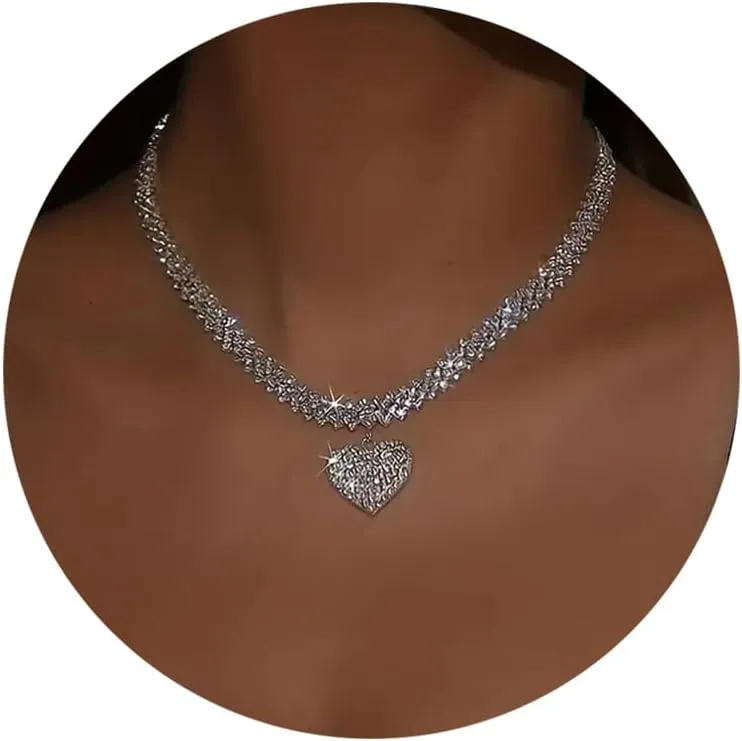 Fesciory Silver Rhinestone Tennis Necklaces for Women, Dainty Adjustable Layered Twist Rope Cubic Zircon Diamond Butterfly Necklace, Iced Out Heart Jewelry Gifts (Thick Heart1)