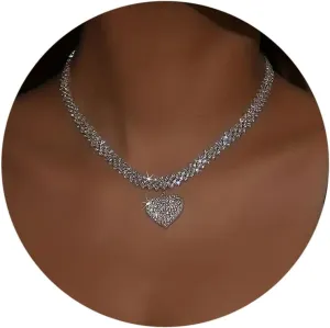 Fesciory Silver Rhinestone Tennis Necklaces for Women, Dainty Adjustable Layered Twist Rope Cubic Zircon Diamond Butterfly Necklace, Iced Out Heart Jewelry Gifts (Thick Heart1)