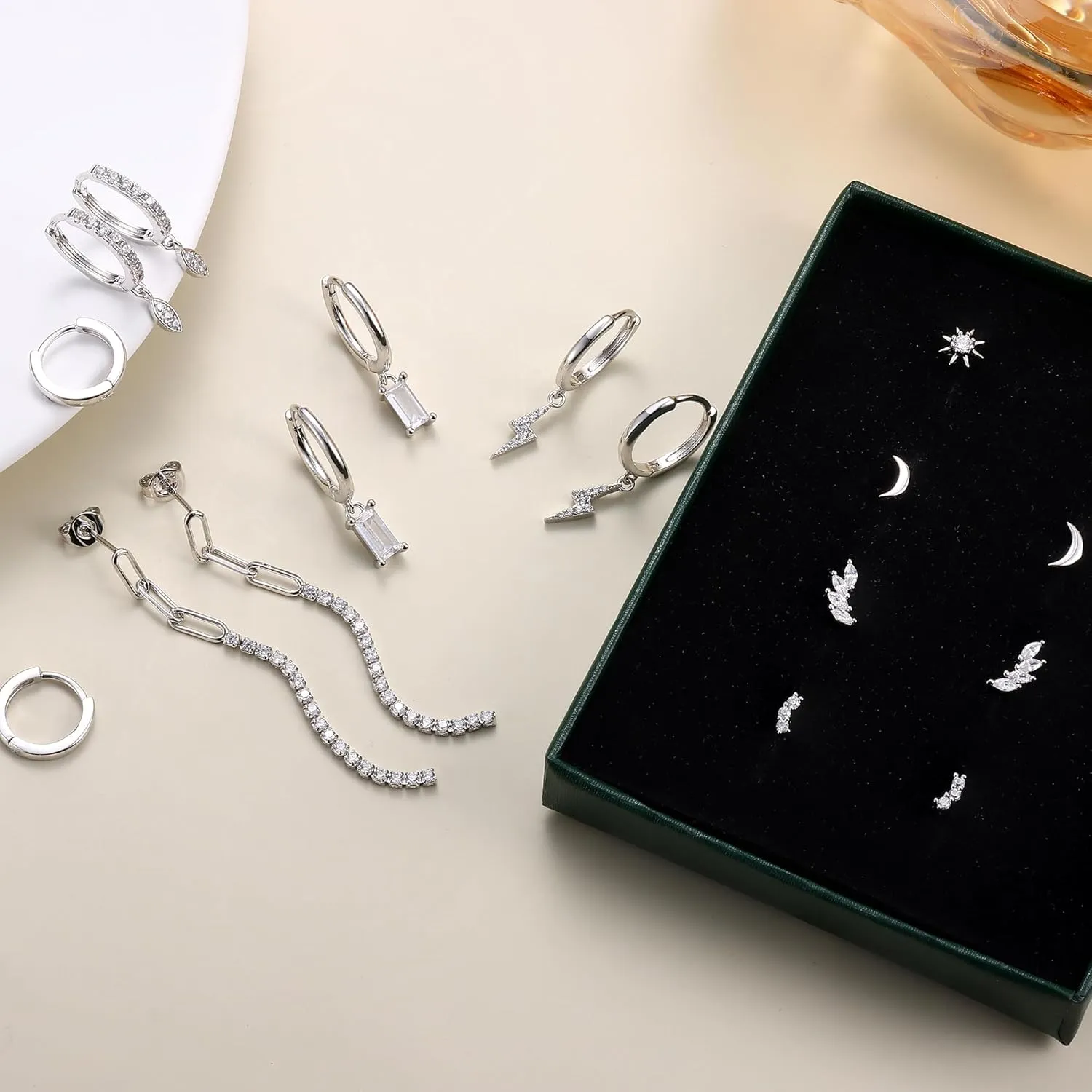 FIBO STEEL Sterling Silver Earring Sets for Multiple Piercing 14K Gold Plated Dainty Earrings for Women Hypoallergenic Huggie Hoop Drop Dangle Stud Earrings Cartilage Earring Set