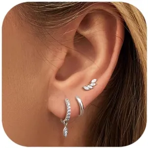 FIBO STEEL Sterling Silver Earring Sets for Multiple Piercing 14K Gold Plated Dainty Earrings for Women Hypoallergenic Huggie Hoop Drop Dangle Stud Earrings Cartilage Earring Set