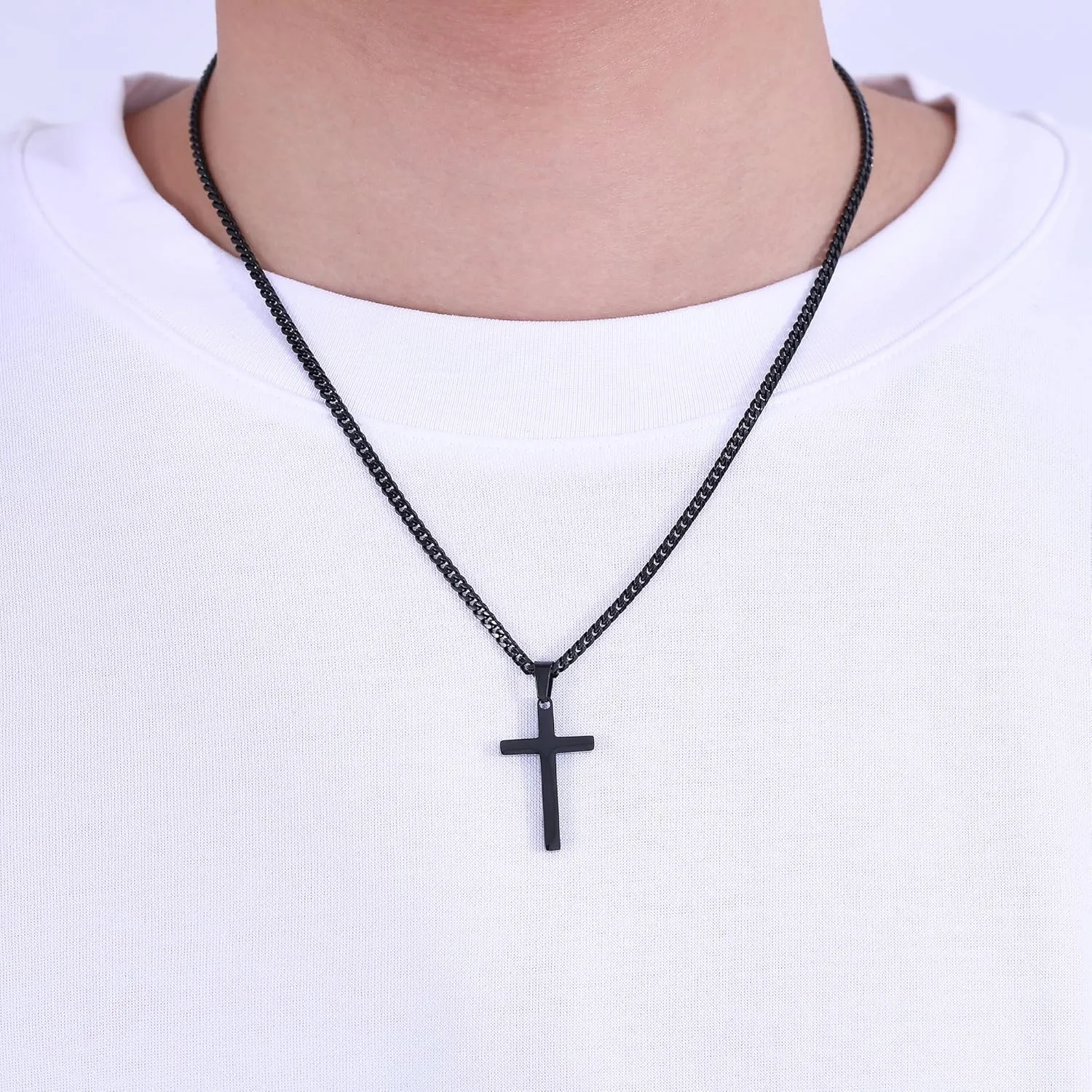Fiusem Black Necklace for Man, Cross Necklaces with 3.5mm Chain and Stainless Steel Cross Pendant, Cuban Chain 16-24 Inches
