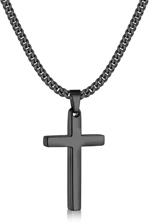 Fiusem Black Necklace for Man, Cross Necklaces with 3.5mm Chain and Stainless Steel Cross Pendant, Cuban Chain 16-24 Inches
