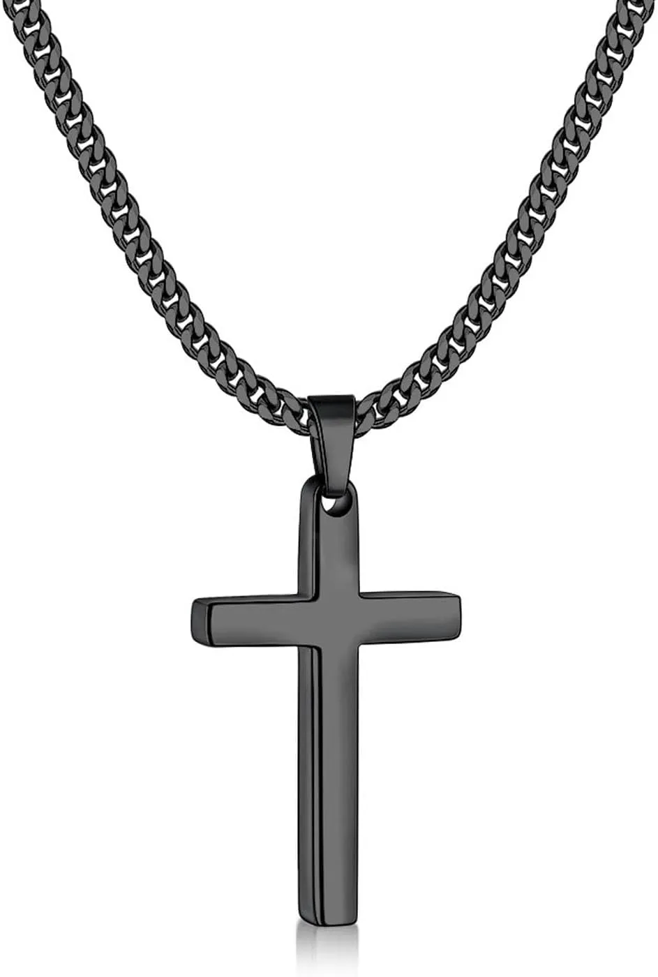 Fiusem Black Necklace for Man, Cross Necklaces with 3.5mm Chain and Stainless Steel Cross Pendant, Cuban Chain 16-24 Inches