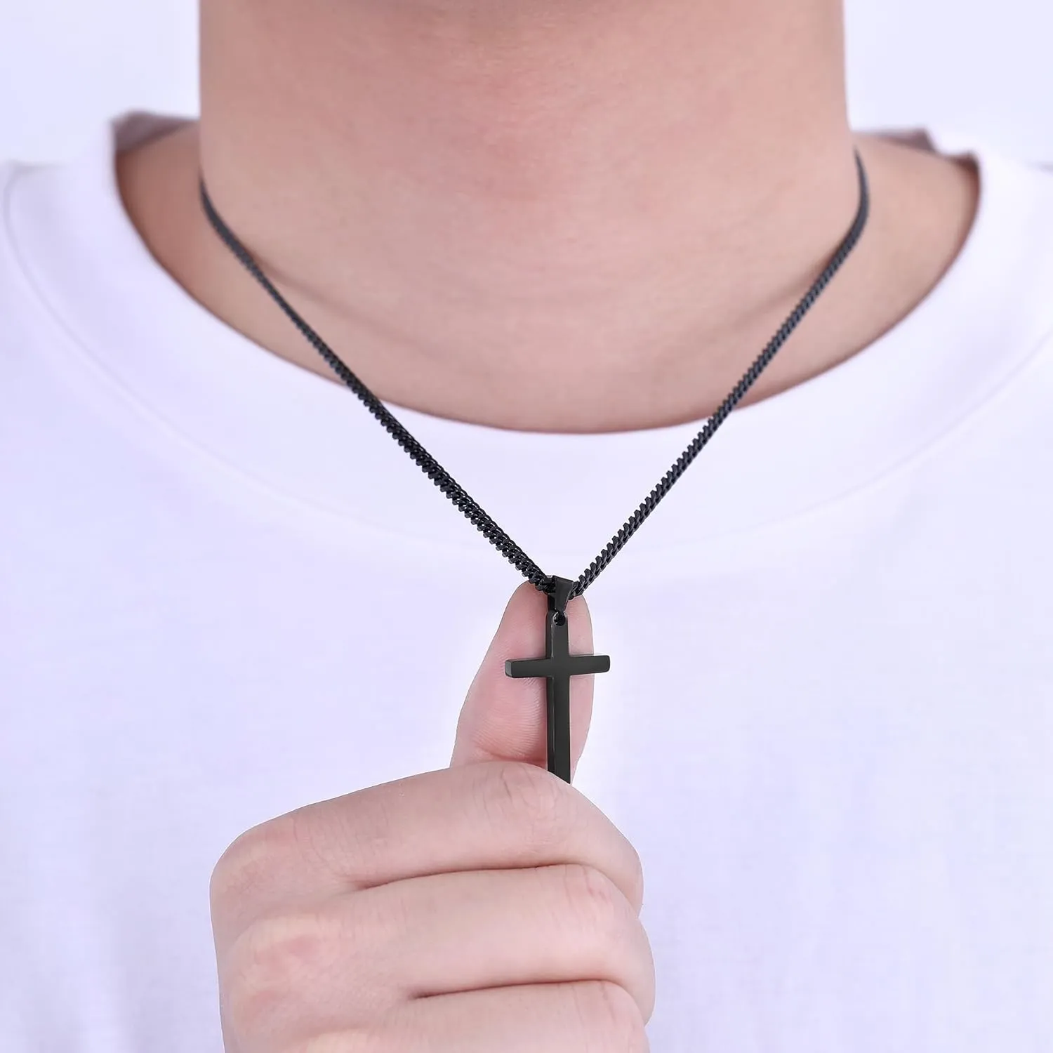 Fiusem Black Necklace for Man, Cross Necklaces with 3.5mm Chain and Stainless Steel Cross Pendant, Cuban Chain 16-24 Inches