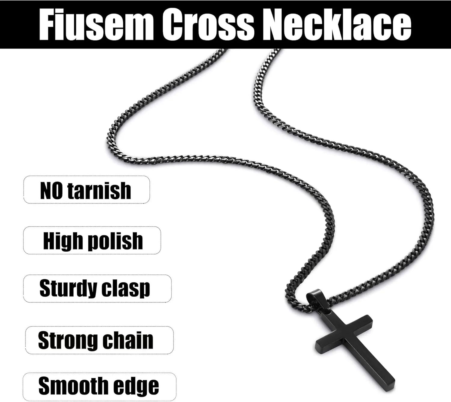 Fiusem Black Necklace for Man, Cross Necklaces with 3.5mm Chain and Stainless Steel Cross Pendant, Cuban Chain 16-24 Inches