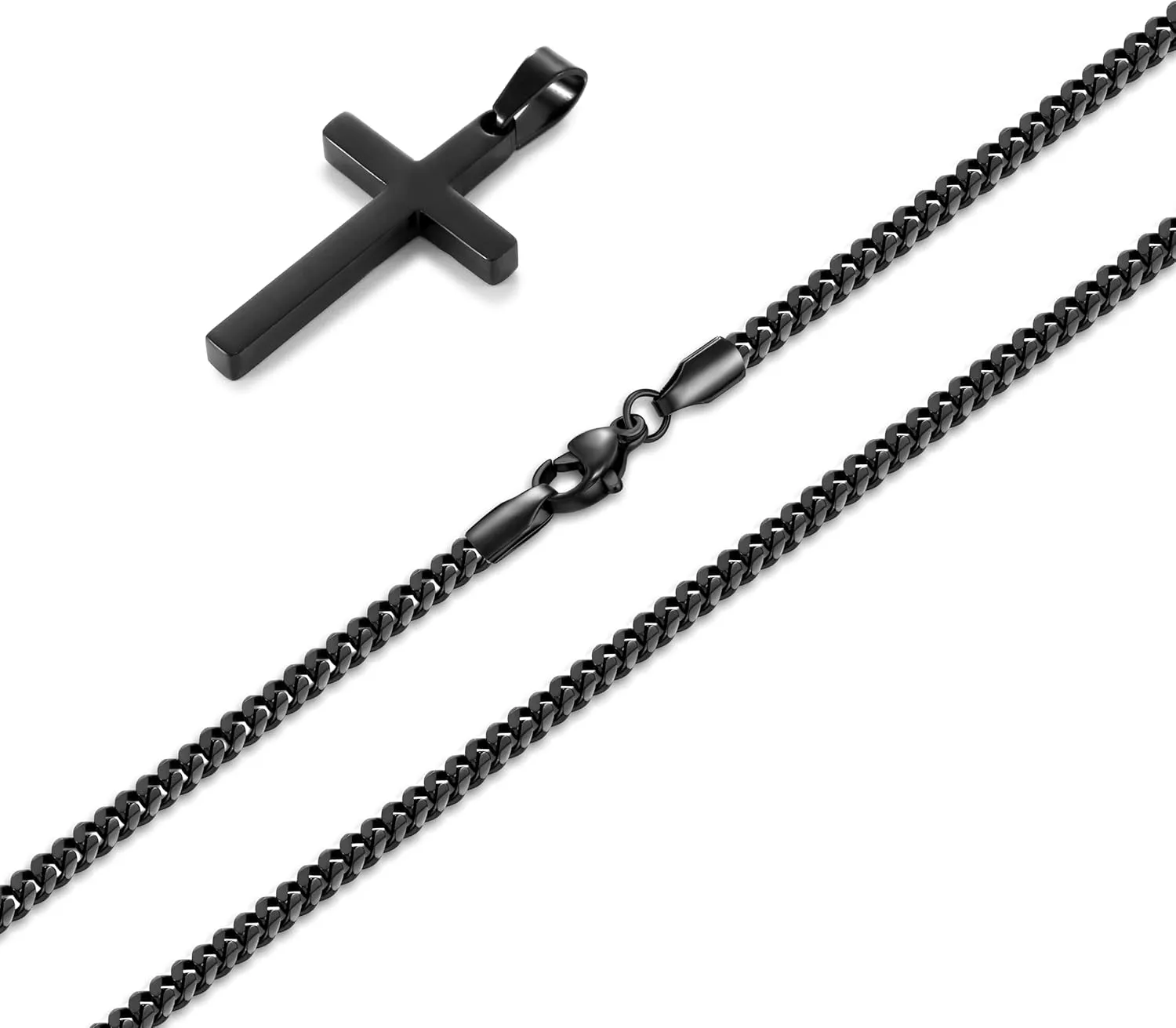 Fiusem Black Necklace for Man, Cross Necklaces with 3.5mm Chain and Stainless Steel Cross Pendant, Cuban Chain 16-24 Inches