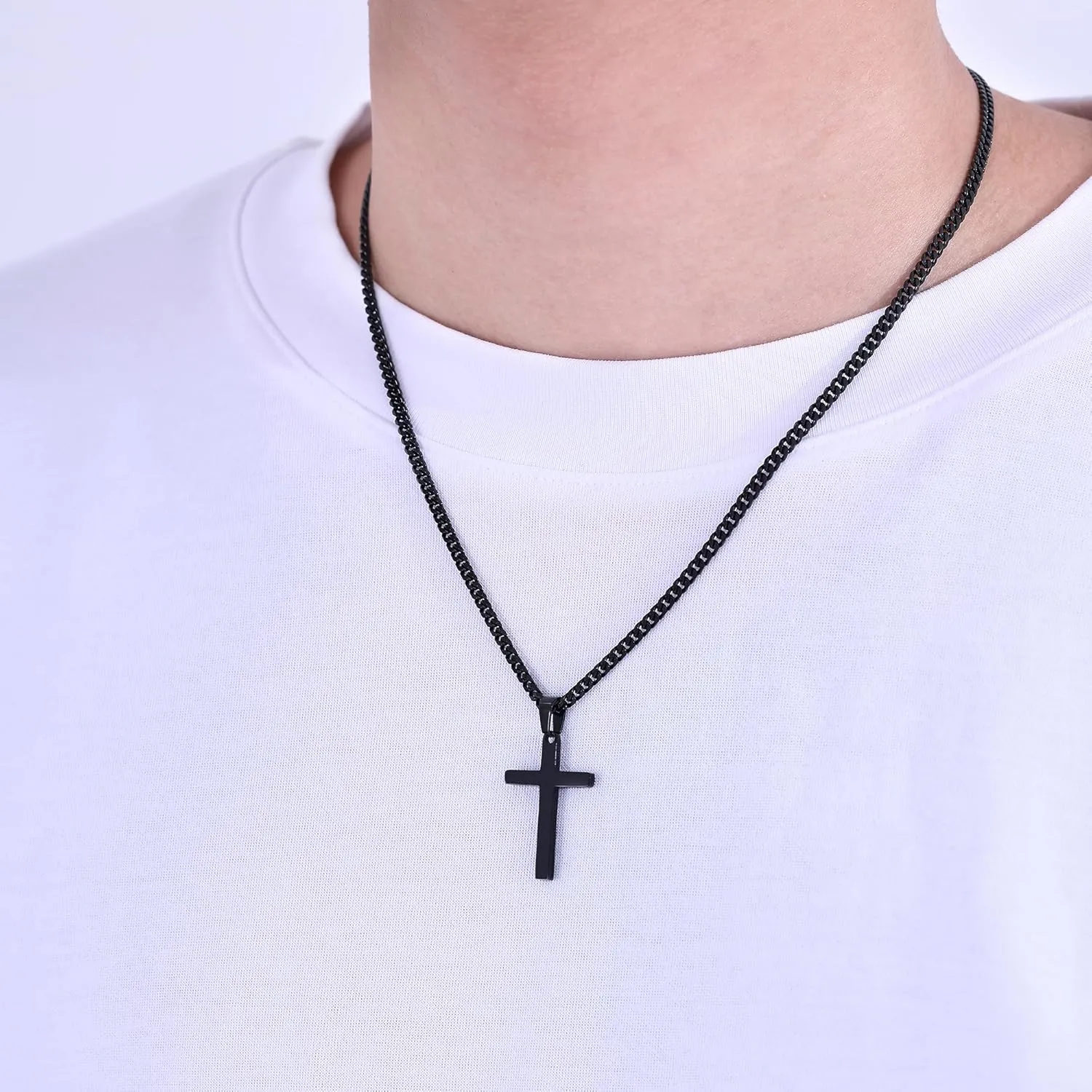 Fiusem Black Necklace for Man, Cross Necklaces with 3.5mm Chain and Stainless Steel Cross Pendant, Cuban Chain 16-24 Inches