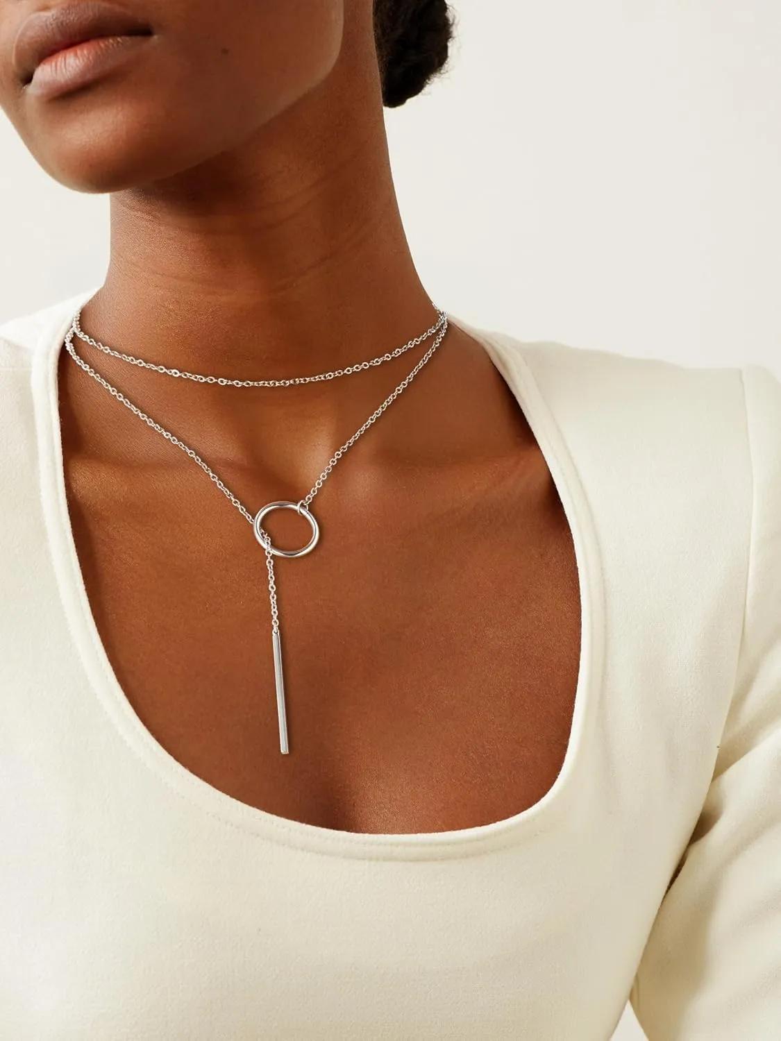 FOCALOOK Long Necklaces for Women 14K Gold Plated Dainty Drop Bar Pendant Lariat Y-Shaped Necklace Earring Set 28inch/73cm