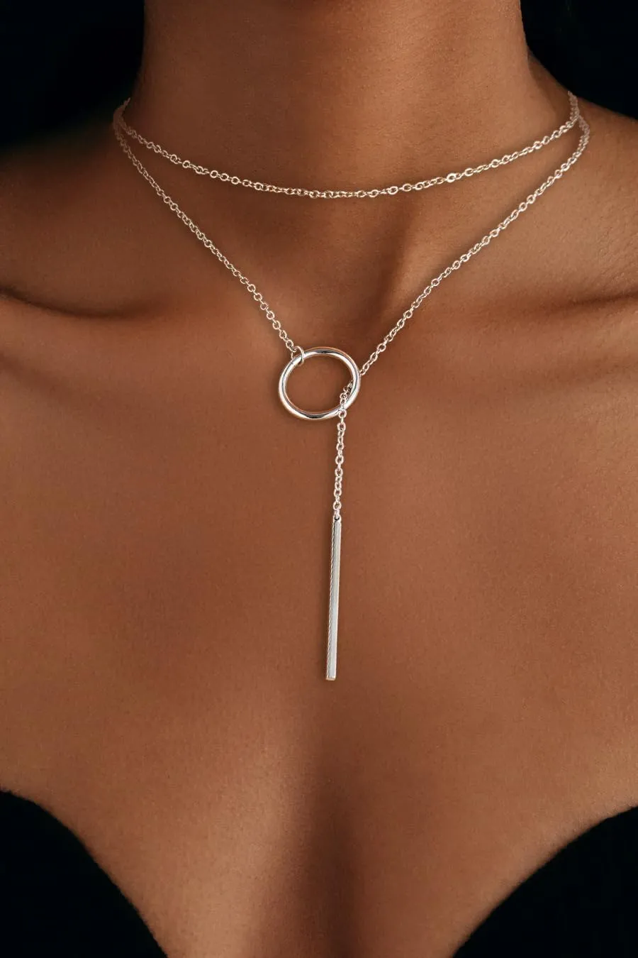 FOCALOOK Long Necklaces for Women 14K Gold Plated Dainty Drop Bar Pendant Lariat Y-Shaped Necklace Earring Set 28inch/73cm