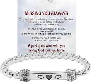 For Memorial In Memory of Loved Ones-Heart With Wings Dainty Diamond Beaded Stretch BraceletsAngel Wing Missing You Always Lost Lover Stainless Steel Engraving Tube Gift Jewelry For Women Men