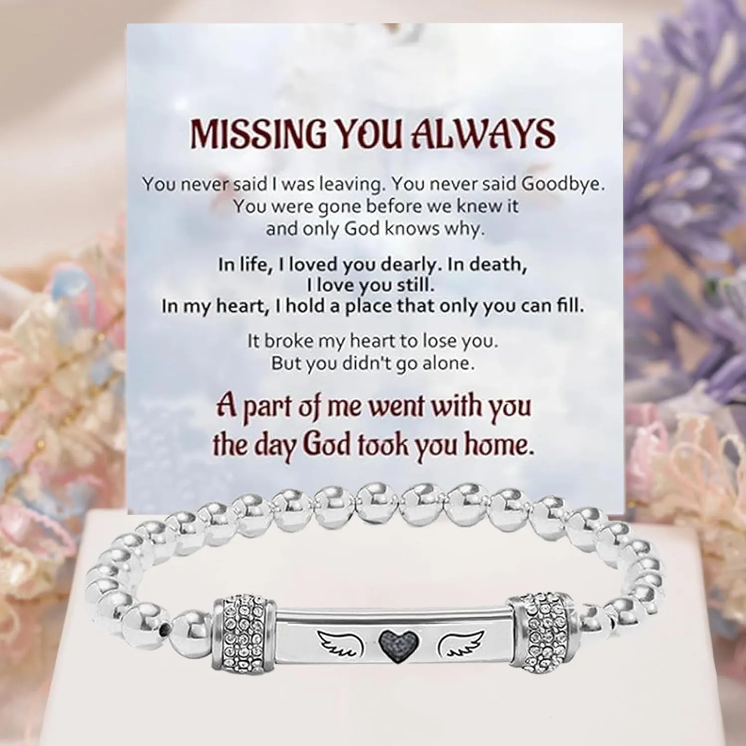 For Memorial In Memory of Loved Ones-Heart With Wings Dainty Diamond Beaded Stretch BraceletsAngel Wing Missing You Always Lost Lover Stainless Steel Engraving Tube Gift Jewelry For Women Men