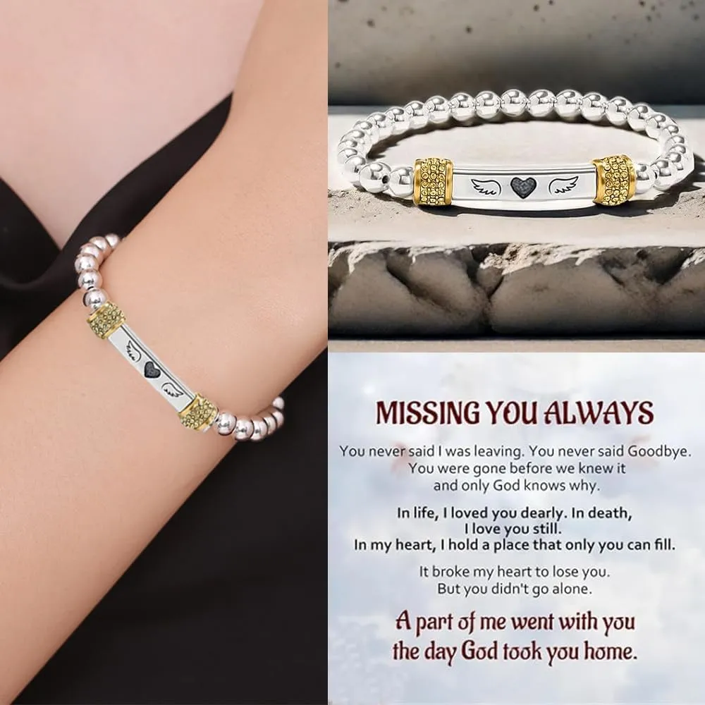 For Memorial In Memory of Loved Ones-Heart With Wings Dainty Diamond Beaded Stretch BraceletsAngel Wing Missing You Always Lost Lover Stainless Steel Engraving Tube Gift Jewelry For Women Men