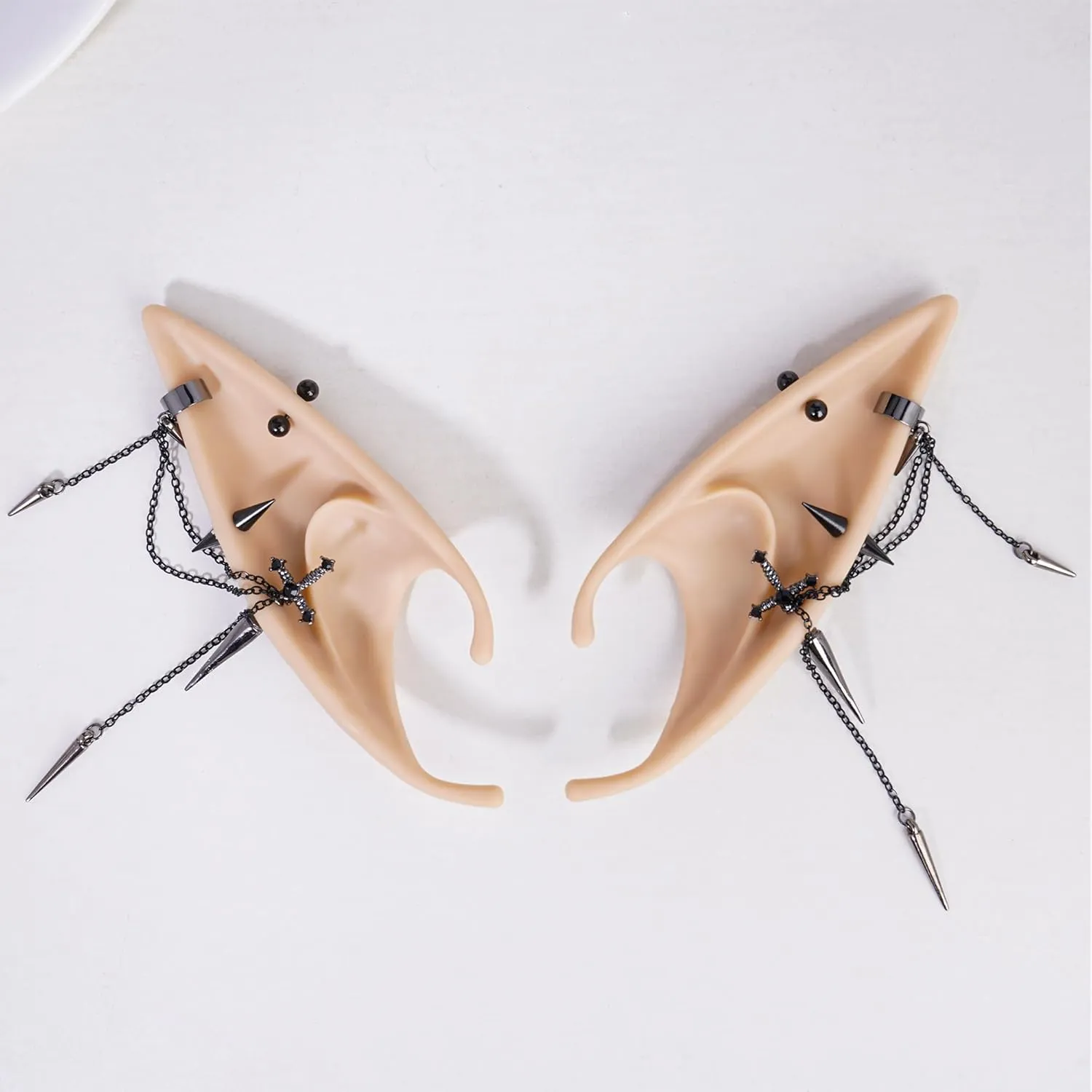 FRESHME 2 Pairs of Fairy Elf Ears with Sliver Piercings - Gothic Elf Ear Cuffs Skull Rose Cross Studs Sterling Earrings
