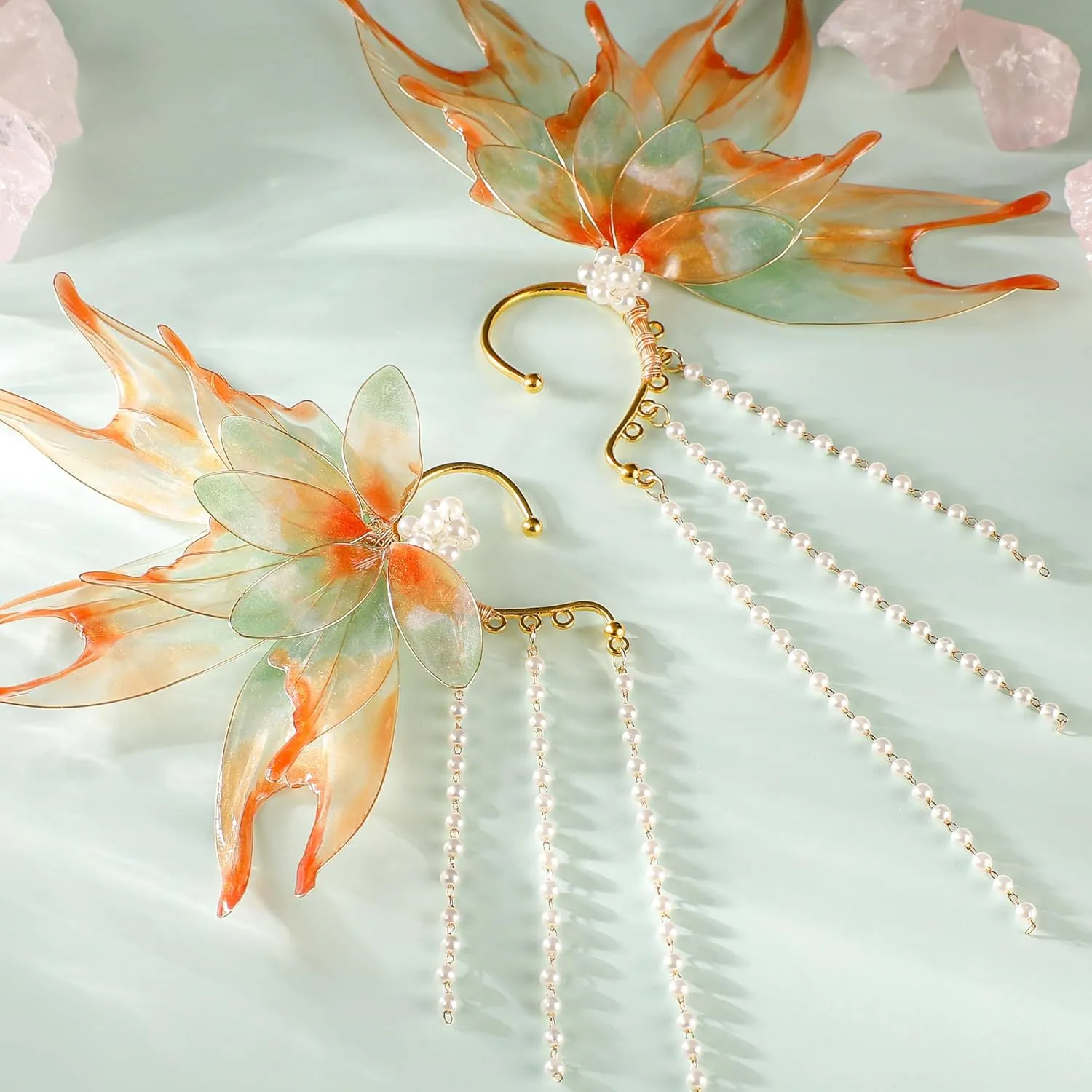 FRESHME Elf Ear Cuffs Mermaid - Fairy Mermaid Ears Auricular Fins Earring with Tassel Elven Wrap Clip-on Earring Dress Up Renaissance Halloween Christmas Cosplay Party Accessories
