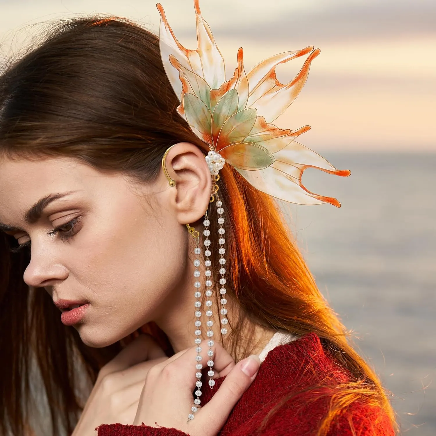 FRESHME Elf Ear Cuffs Mermaid - Fairy Mermaid Ears Auricular Fins Earring with Tassel Elven Wrap Clip-on Earring Dress Up Renaissance Halloween Christmas Cosplay Party Accessories