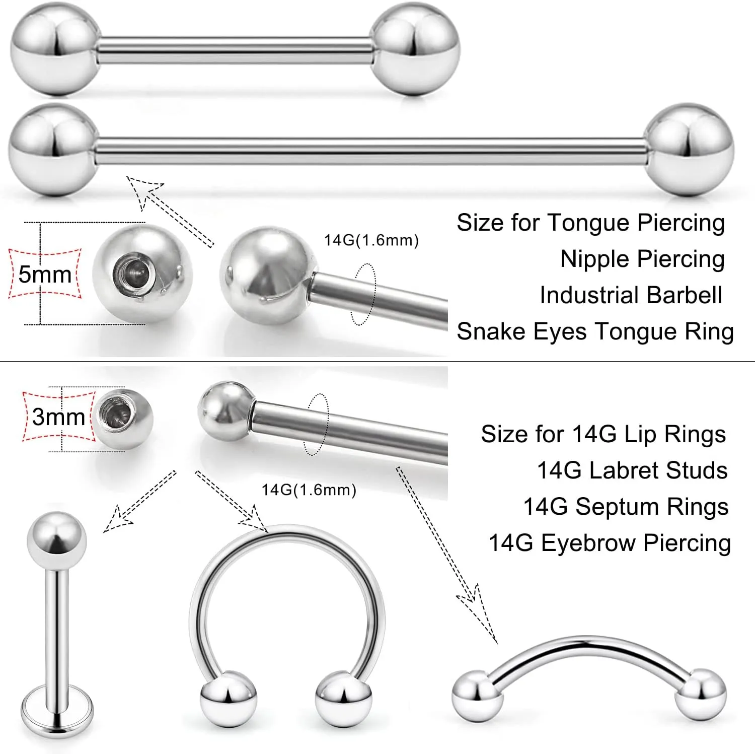 Ftovosyo 14G 60PCS Mix Color Replacement Balls Jewelry Piercing Stainless Steel & Clear Acrylic Barbell Parts for Industrial Barbell/Nipple Rings/Tongue Rings