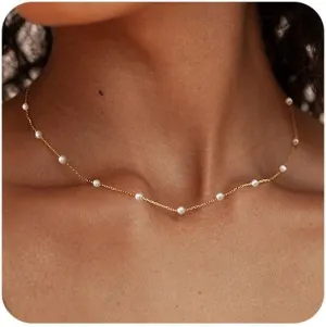 FUNEIA Dainty Pearl Necklace for Women 14K Gold Plated Faux Pearl Choker Necklaces Trendy White Silver Small Pearl Necklace Strand Wedding Prom Bridal Pearls Jewelry 14/16/18/20 Inches