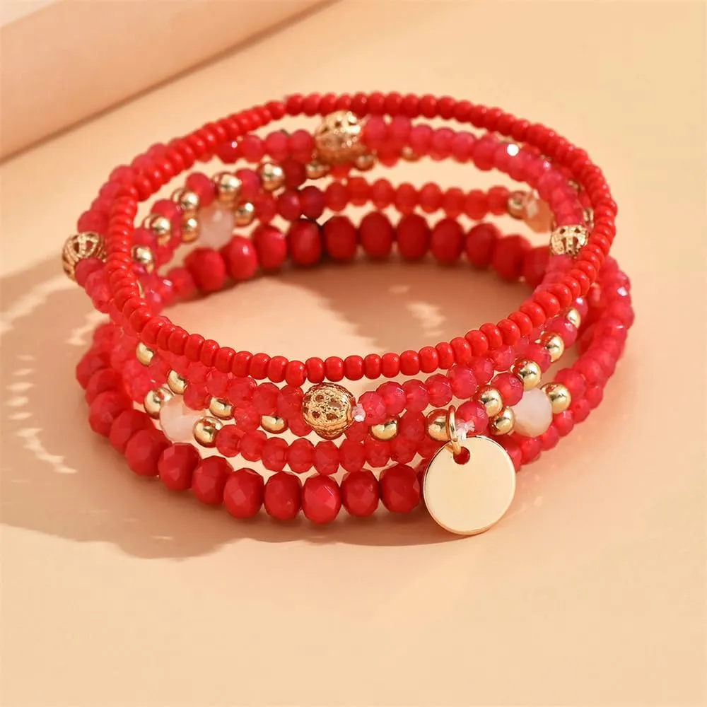Fuqimanman2020 5Pcs Boho Crystal Beaded Stackable Stretch Bracelets for Women Colorful Multilayered Rice Beaded Adjustable Bracelet Set Summer Beach Bohemian Jewelry Gift