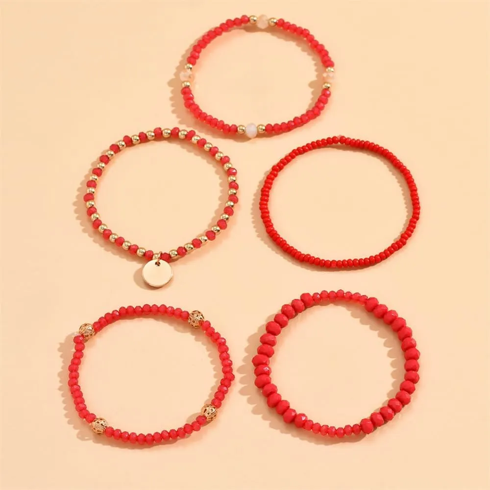 Fuqimanman2020 5Pcs Boho Crystal Beaded Stackable Stretch Bracelets for Women Colorful Multilayered Rice Beaded Adjustable Bracelet Set Summer Beach Bohemian Jewelry Gift
