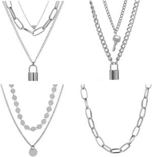FUTIMELY 4PCS Layered Lock Chain Necklaces Set for Women Teen Girls14K Gold/Silver Plated Bar Disc Coin Lock Pendant Multilayer Adjustable Punk Chain Choker Y Necklace