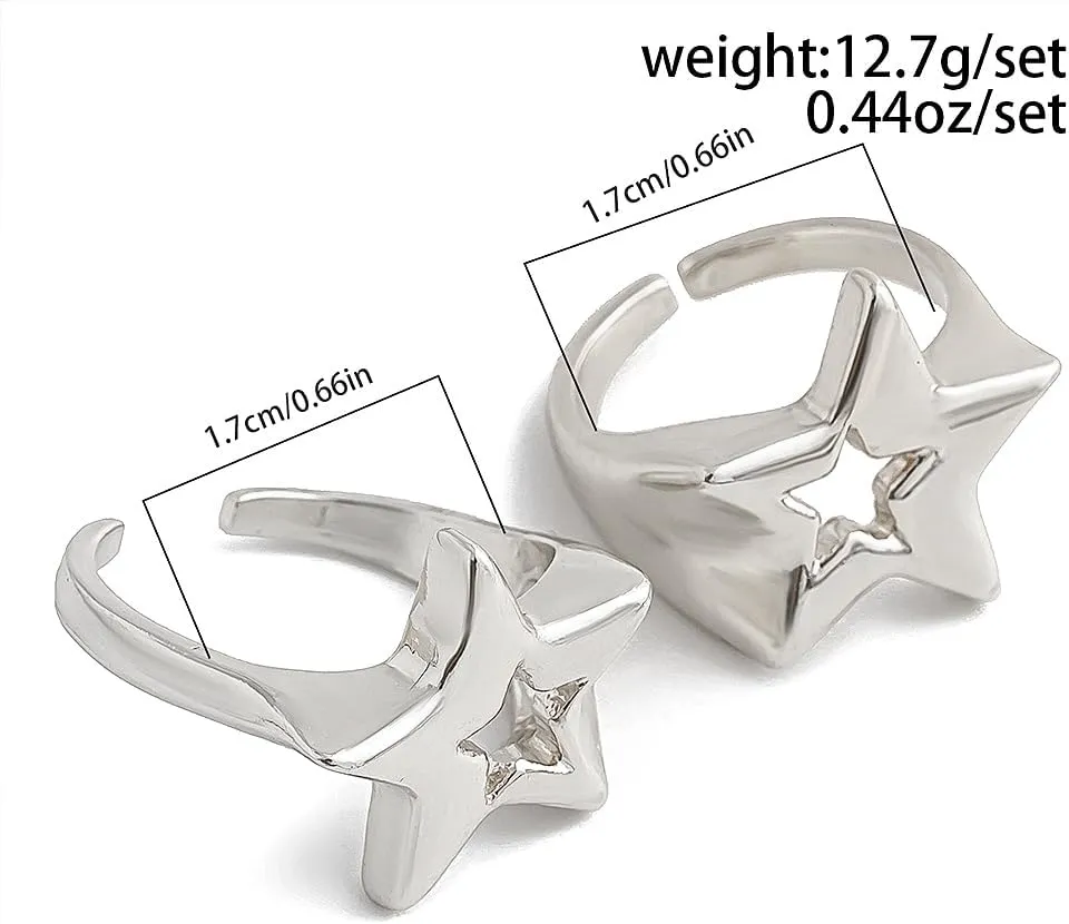 FUTIMELY Gold Chunky Star Ring Set for Women Men,Punk Retro Adjustable Pentagram Ring Pack,Geometric Hollow Star Stackable Open Knuckle Ring Jewelry Gift