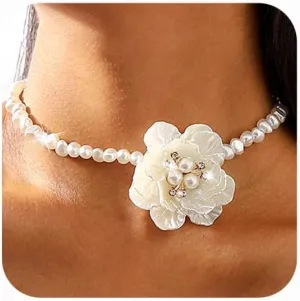 Gangel Big Flower Necklace Choker Pearl Choker Necklace White Flower Necklaces Choker Vintage Floral Choker Prom Flowers Necklace Jewelry for Women