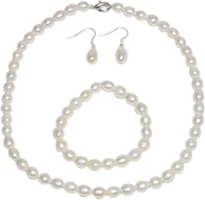 Gem Stone King 3pc Cultured Freshwater White Pearl Necklace Bracelet Earrings For Women | Wedding Pearl Jewelry Sets for Bride Bridesmaid Women | Mothers Day Birthday Valentine's Day Gifts