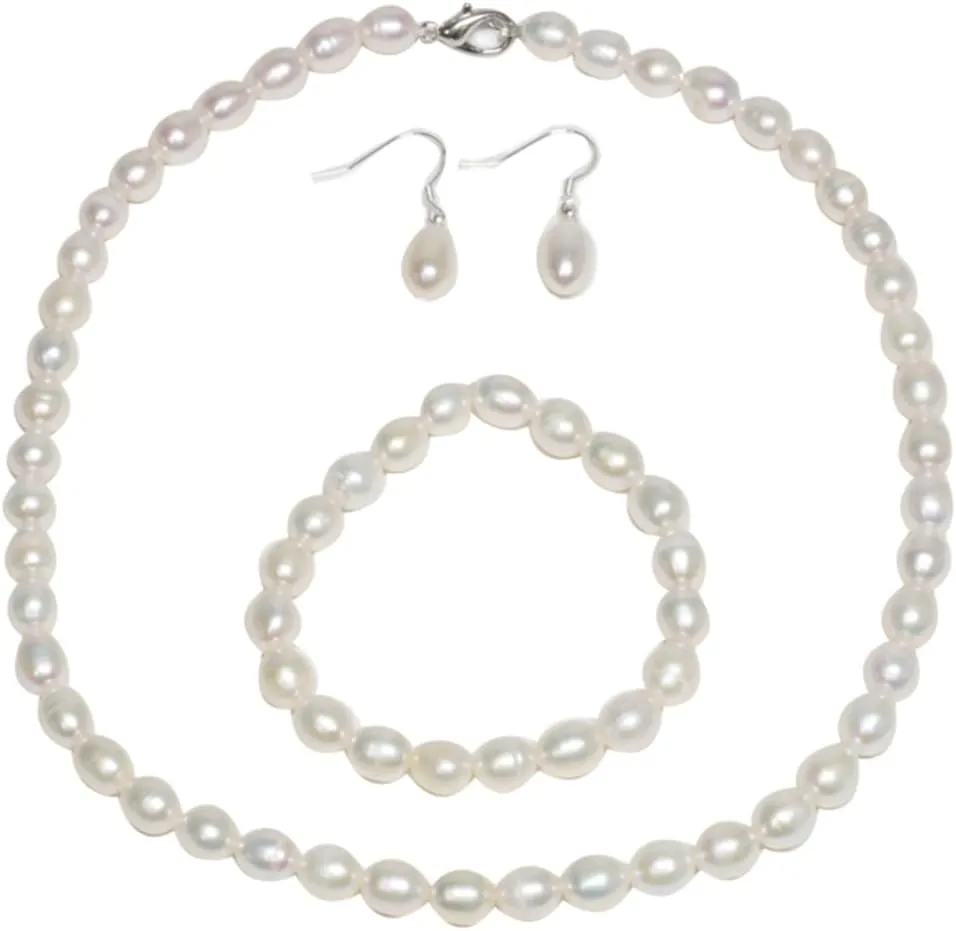 Gem Stone King 3pc Cultured Freshwater White Pearl Necklace Bracelet Earrings For Women | Wedding Pearl Jewelry Sets for Bride Bridesmaid Women | Mothers Day Birthday Valentine's Day Gifts